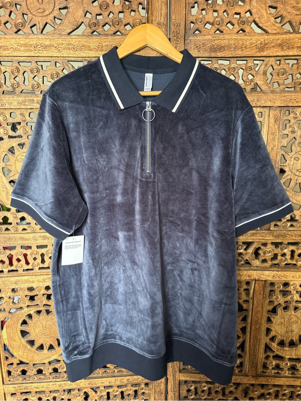 NWT American Apparel Blue Velour Zip Polo Shirt Unisex Sz L